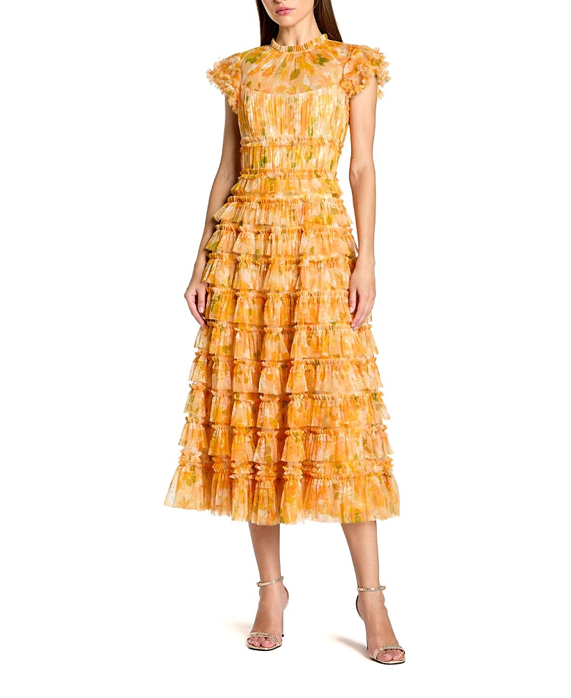 Mac Duggal Mesh Micro Ruffle High Neck Cap Sleeve Midi Dress