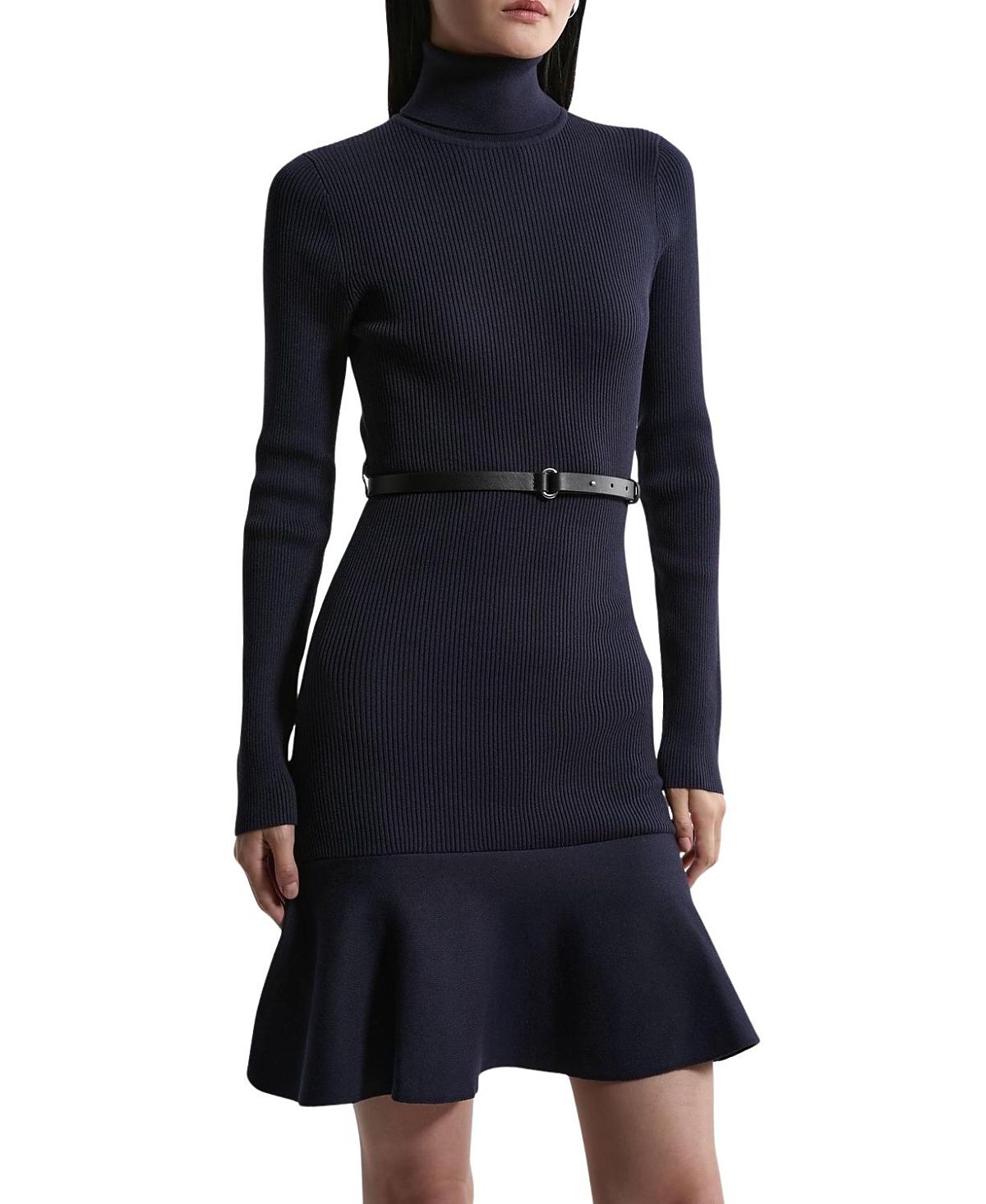Karen Millen Roll Neck Belted Flippy Hem Mini Dress