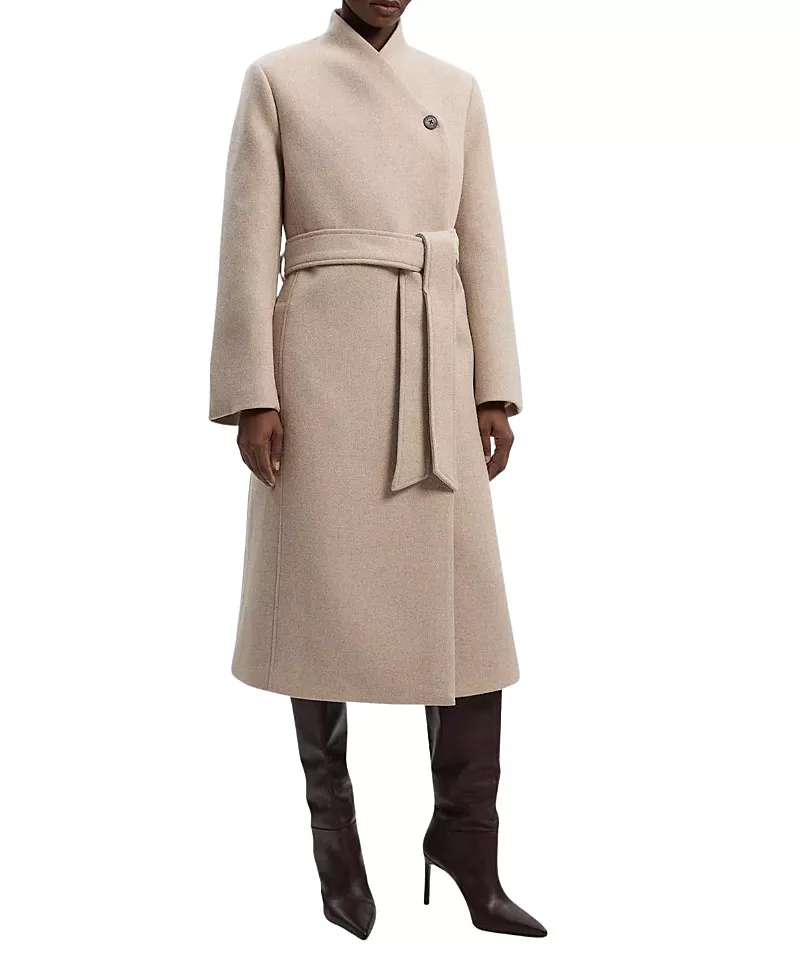 Karen Millen Wool Wrap Neck Tailored Belted Midi Coat