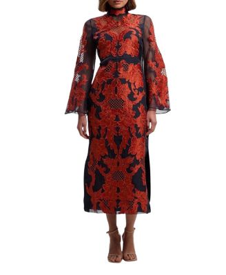 High Neck Embroidered Midi Dress