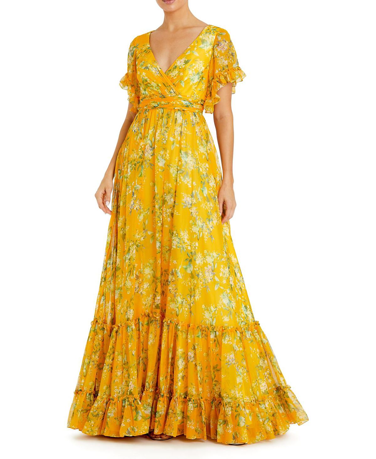 Mac Duggal Flounce Sleeve Floral Maxi Dress