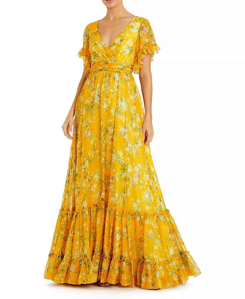 Mac Duggal Flounce Sleeve Floral Maxi Dress