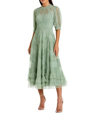 Petite High Illusion Neck Ruffle Tiered A-Line Midi Dress