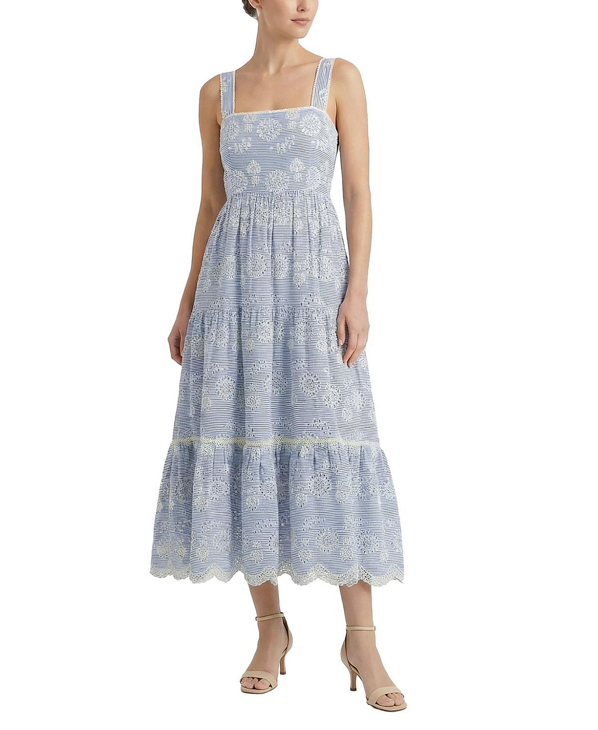 Change of Scenery Lizzie Pinstripe Eyelet Tiered Midi Dress