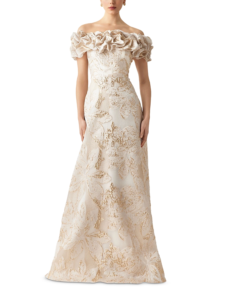 Teri Jon by Rickie Freeman Metallic Jacquard Scrunch Bodice Gown