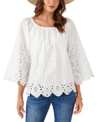 Cutout Embroidery Flared Sleeve Peasant Top
