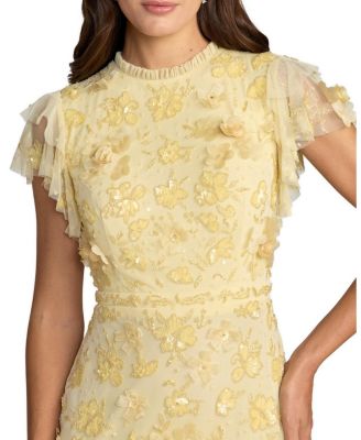 Floral Embellished High Neck Flutter Sleeve Gown