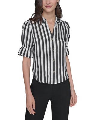 Striped Short Sleeve Button Down Blouse