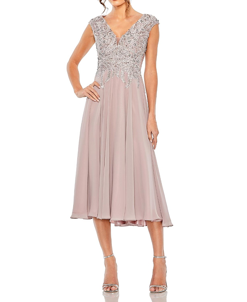 Mac Duggal Embroidered Beaded Midi Dress with Cap Sleeves