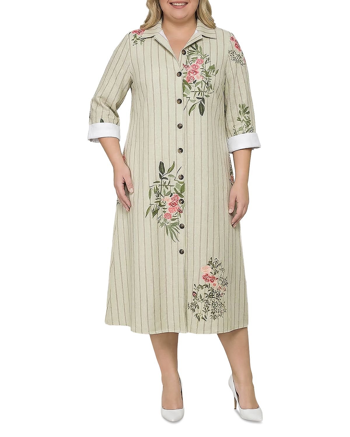 standards & practices Plus Striped Floral Button Down Midi Shirt Dress
