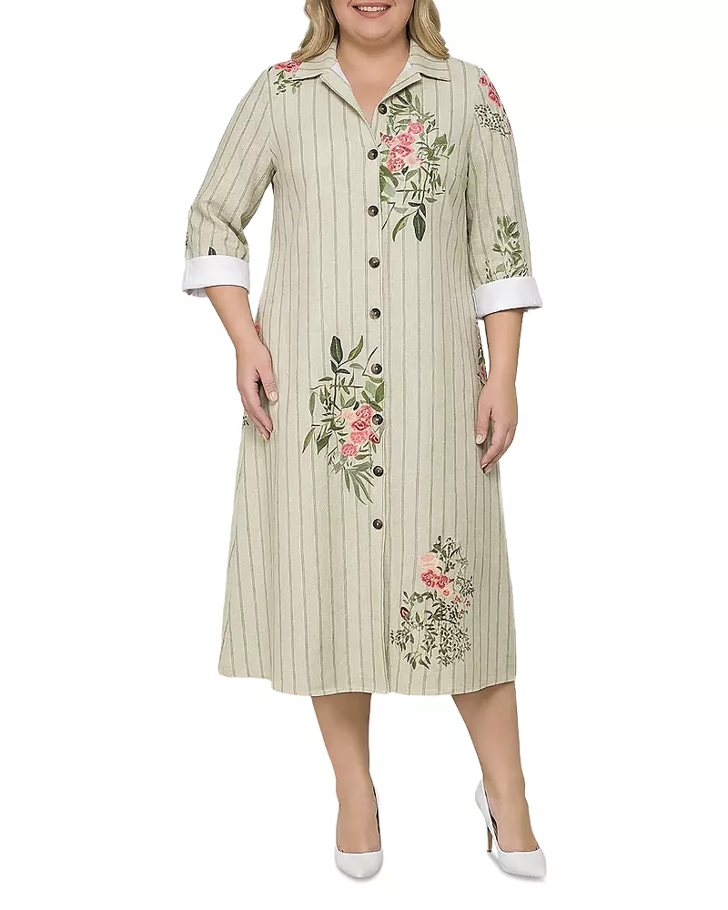 standards & practices Plus Striped Floral Button Down Midi Shirt Dress