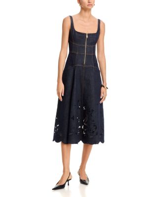Indigo Denim Bow Embroidered Midi Dress