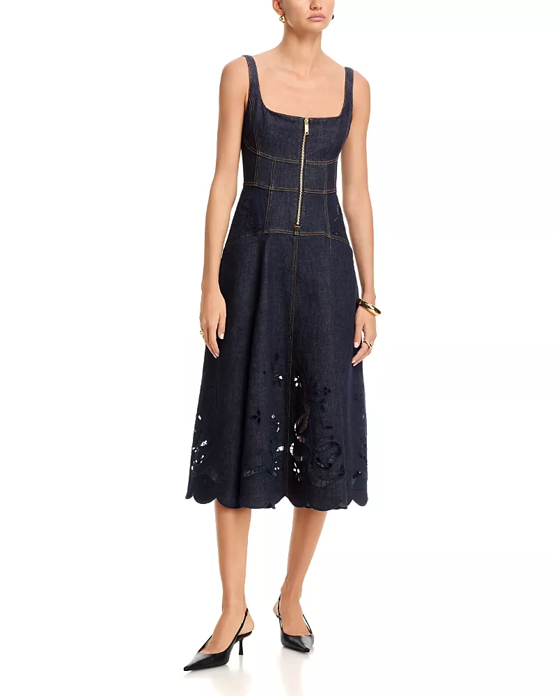 Self-Portrait Indigo Denim Bow Embroidered Midi Dress