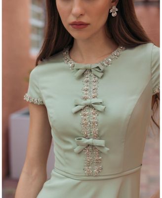  Crepe Midi Dress with Rhinestone Beading