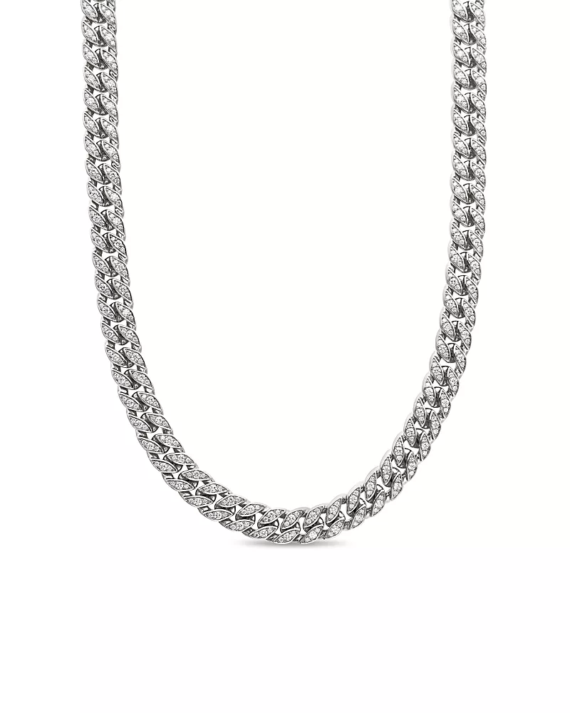 Men's Curb Chain Necklace in Sterling Silver with Diamonds, 11.5mm