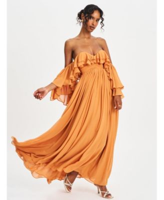 one shoulder long sleeve dress Asymmetric One-Shoulder Neckline Long Sleeve Gown Red