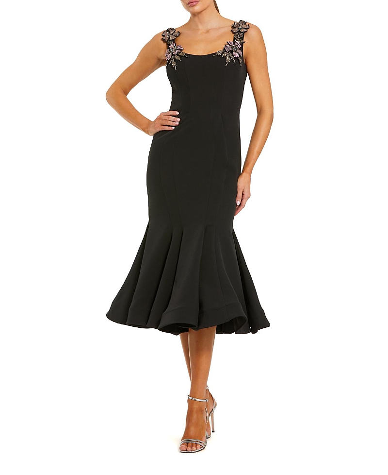 Mac Duggal Sleeveless Midi Dress with Floral Embellishments