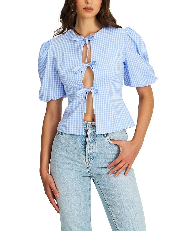 Miss Circle Qusaylaa Gingham Bubble Sleeve Bowtie Top