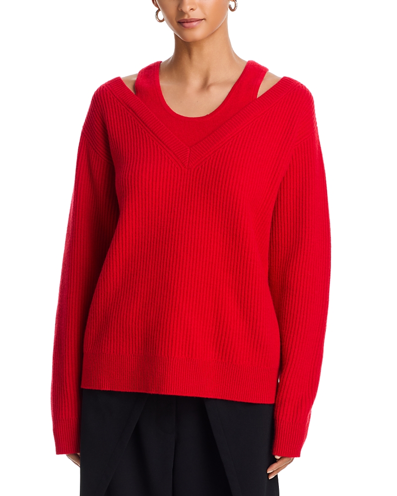 Helmut Lang Double Layer V Neck Woolen Sweater In Red