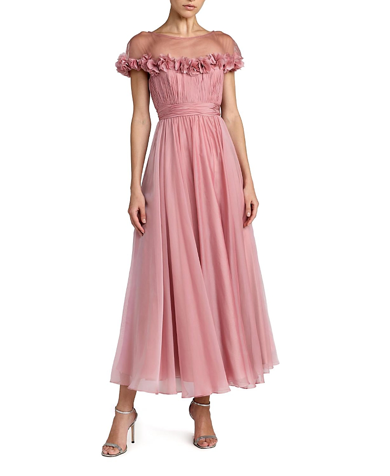 Mac Duggal Chiffon Illusion Neck Midi Dress with 3D Flowers