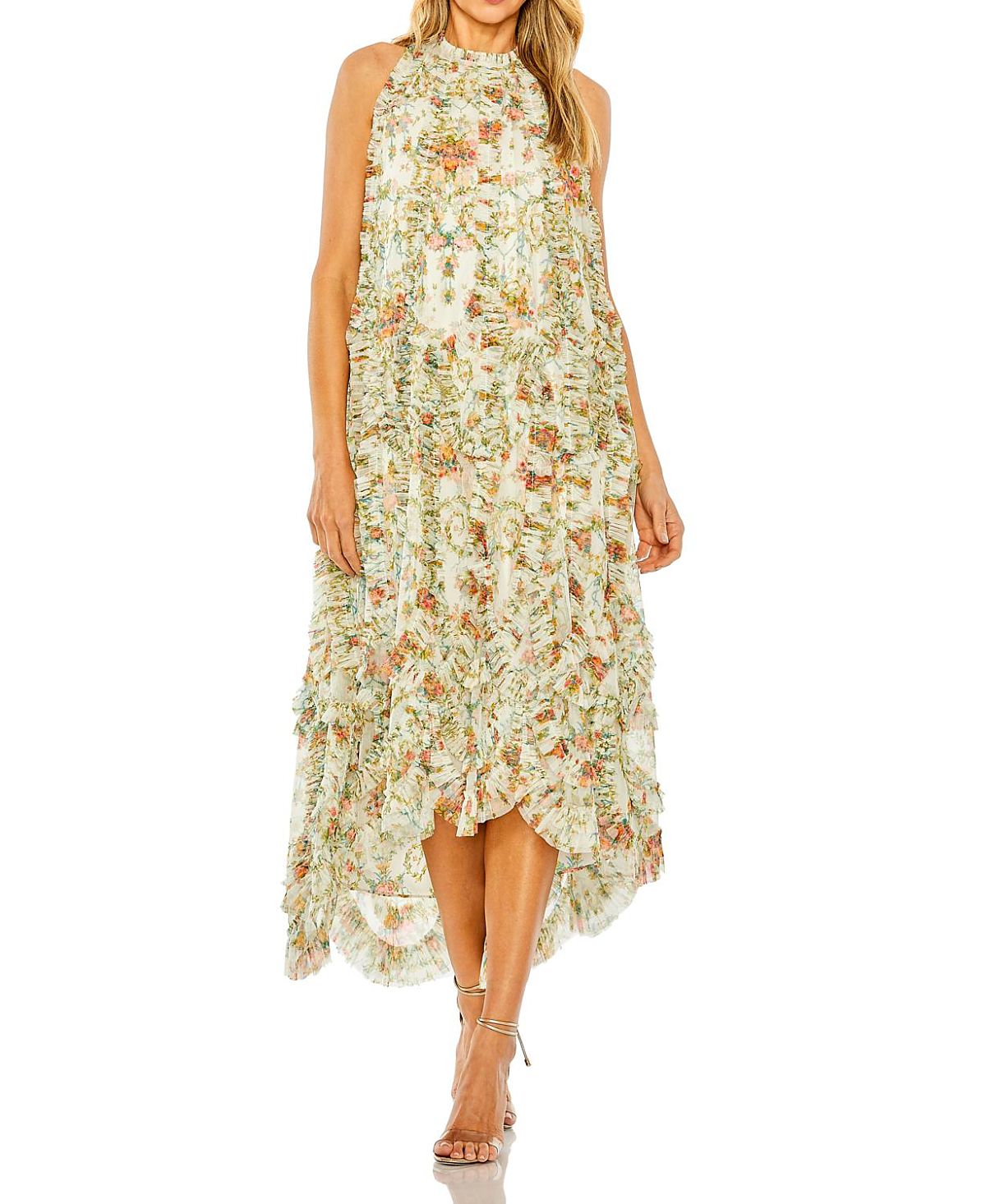 Mac Duggal Sleeveless High Neck Lattice Ruffle Floral Dress