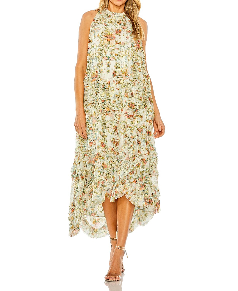 Mac Duggal Sleeveless High Neck Lattice Ruffle Floral Dress