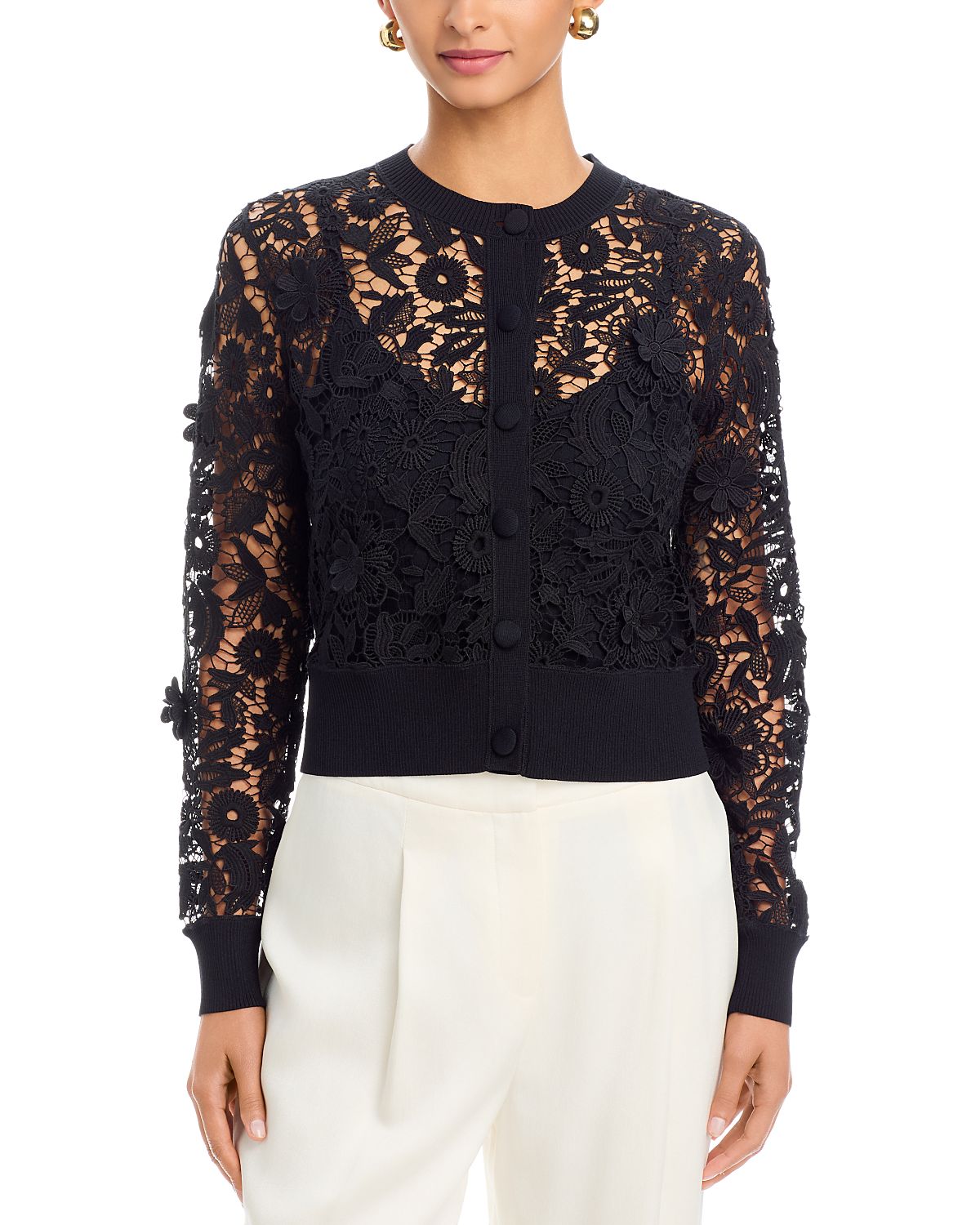 Teri Jon by Rickie Freeman Eyelet Lace Knit Cardigan