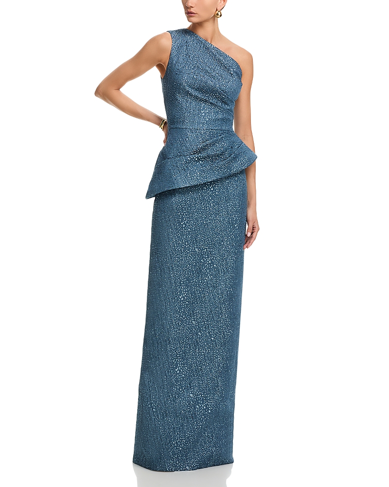 Teri Jon By Rickie Freeman Metallic Jacquard One Shoulder Gown