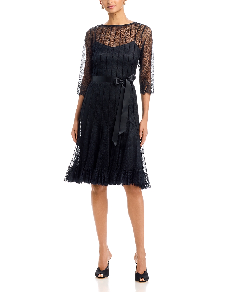 Teri Jon by Rickie Freeman Lace Pintuck Ruffle Hem Dress