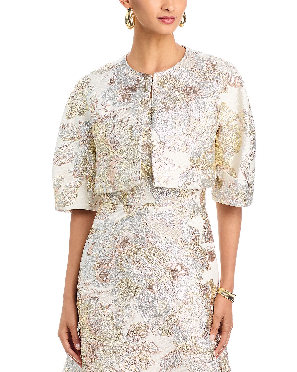 Teri Jon by Rickie Freeman Metallic Jacquard Bolero Jacket