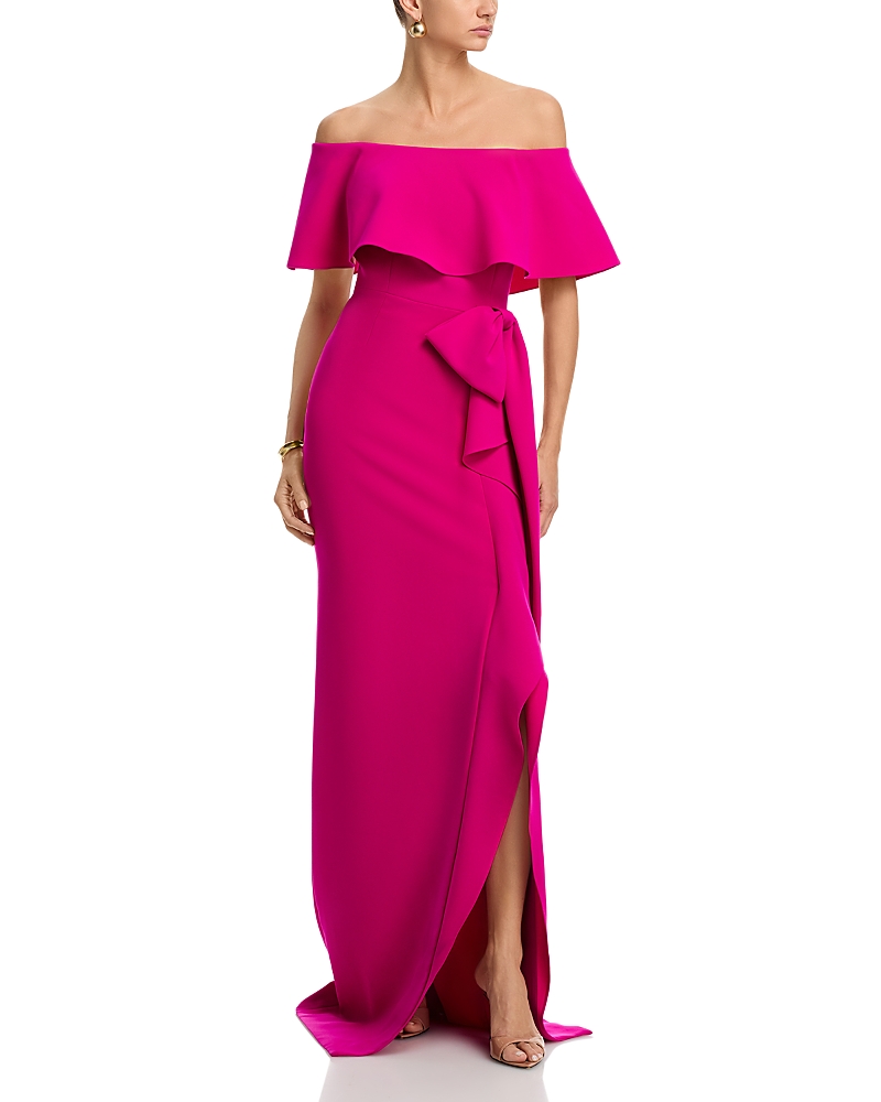 Teri Jon by Rickie Freeman Crepe Off-the-Shoulder Gown