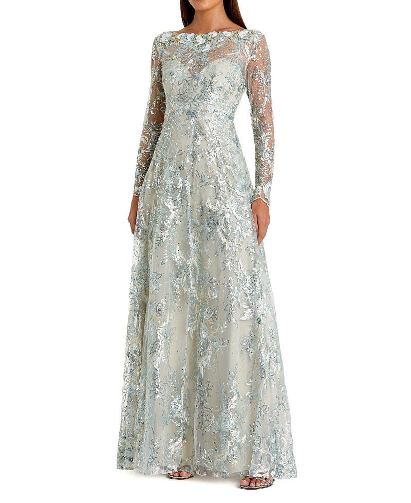 Mac Duggal Floral Embroidered Illusion Long Sleeve Gown