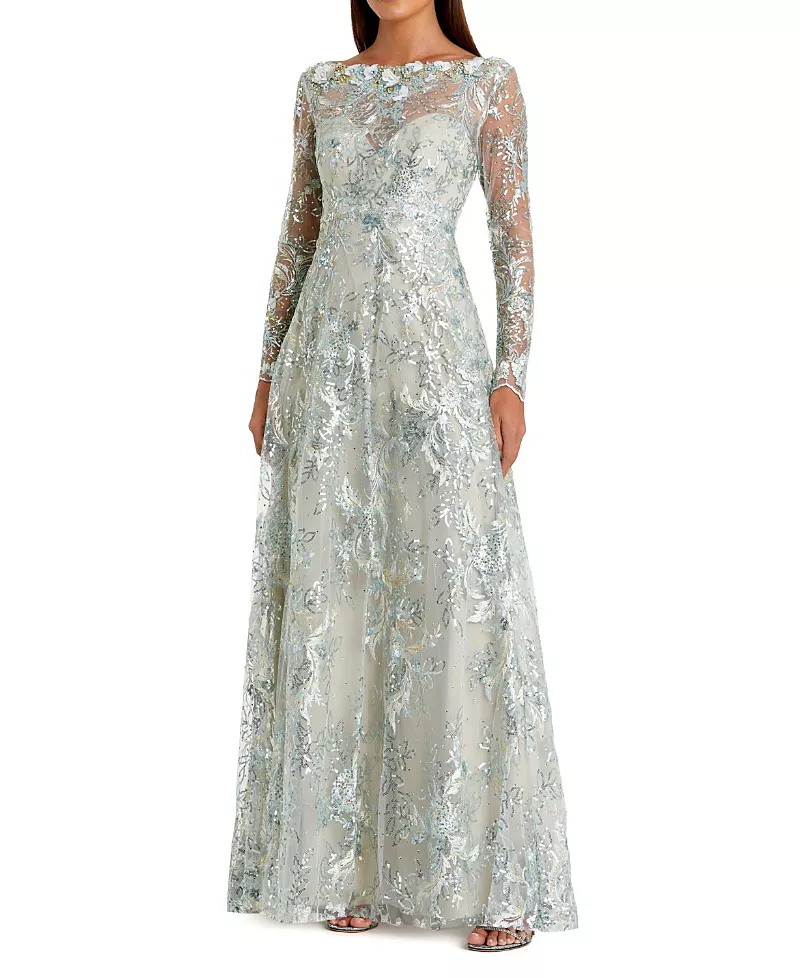 Mac Duggal Floral Embroidered Illusion Long Sleeve Gown