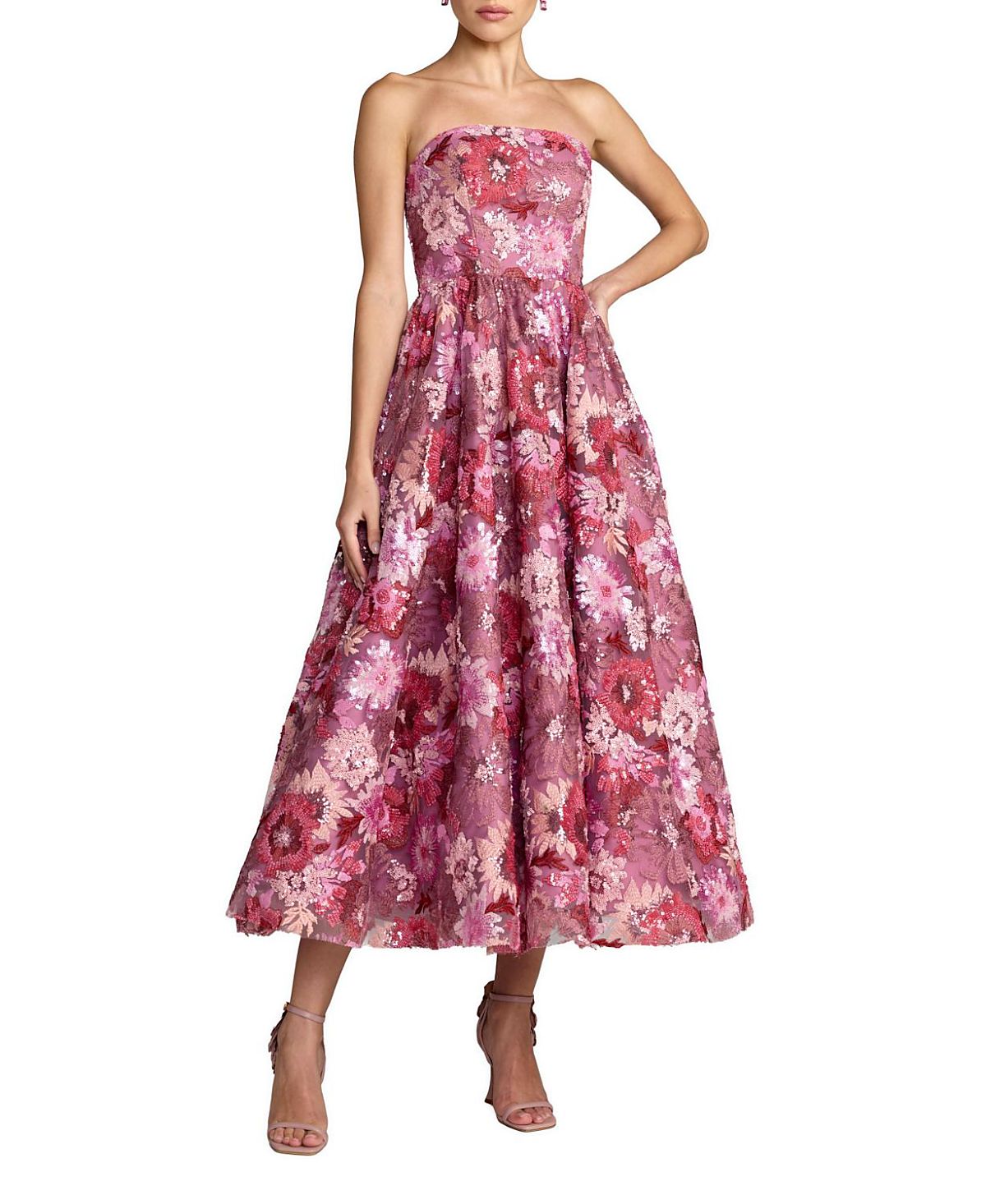 Mac Duggal Sequin Mesh Strapless Midi Dress With Pockets