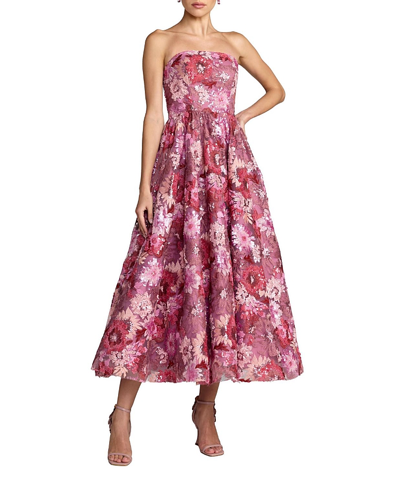 Mac Duggal Sequin Mesh Strapless Midi Dress With Pockets