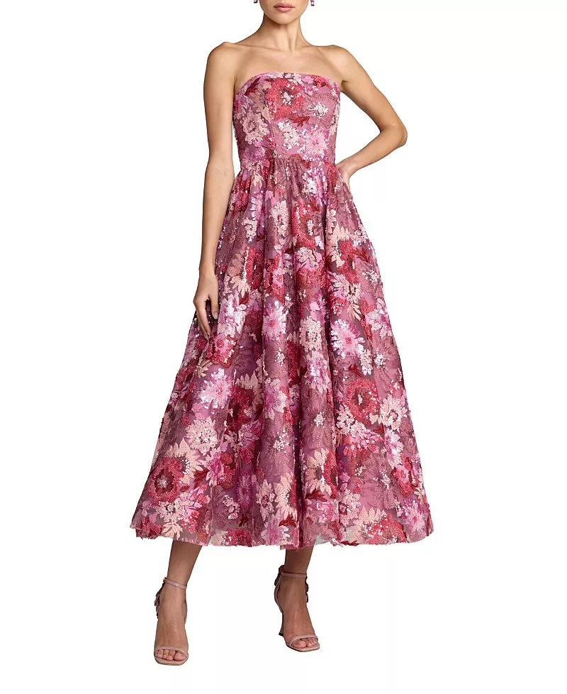Mac Duggal Sequin Mesh Strapless Midi Dress With Pockets