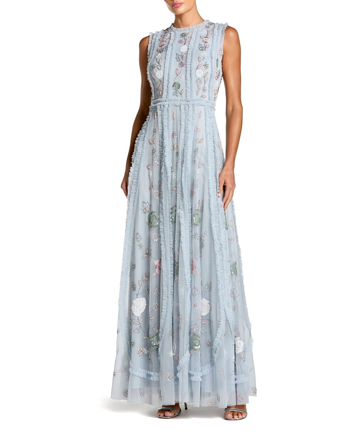 Mac Duggal Floral Mesh Sleeveless A-line Micro Ruffle Gown