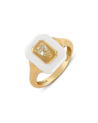 18K Yellow Gold Yellow Diamond Pear Solitaire & White Ceramic Frame Ring, 0.24 tcw