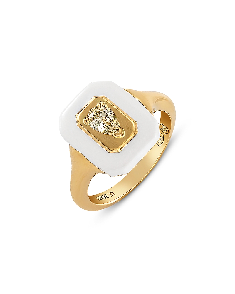 Etho Maria 18K Yellow Gold Yellow Diamond Pear Solitaire & White Ceramic Frame Ring, 0.24 tcw