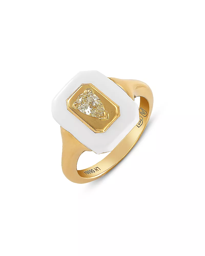Etho Maria 18K Yellow Gold Yellow Diamond Pear Solitaire & White Ceramic Frame Ring, 0.24 tcw