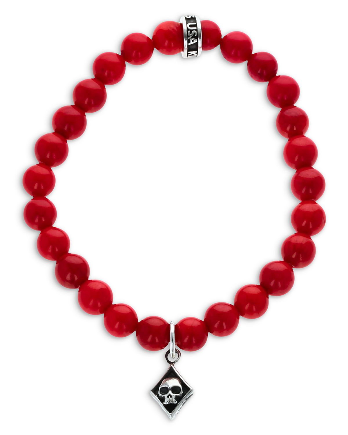 King Baby Studio Sterling Silver High Roller Club Red Coral Bead Micro Skull Heart Card Suit Charm Bracelet
