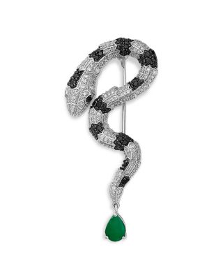 Emerald and Black & White Diamond Snake Brooch in 14K White Gold