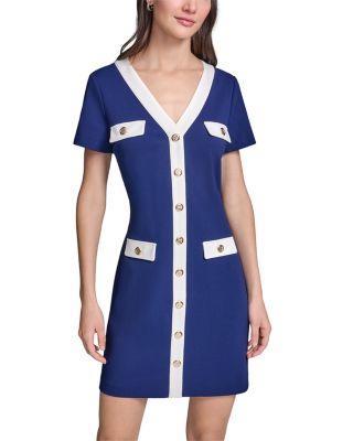 Short Sleeve Scuba Crepe V Neck Sheath Dress
