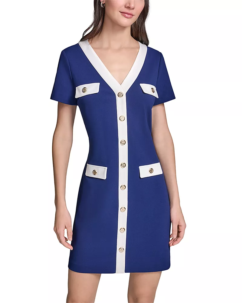 Karl Lagerfeld Paris Short Sleeve Scuba Crepe V Neck Sheath Dress