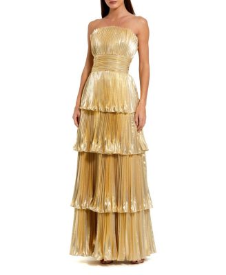  Petite Strapless Pleated Metallic Layered High Low Gown
