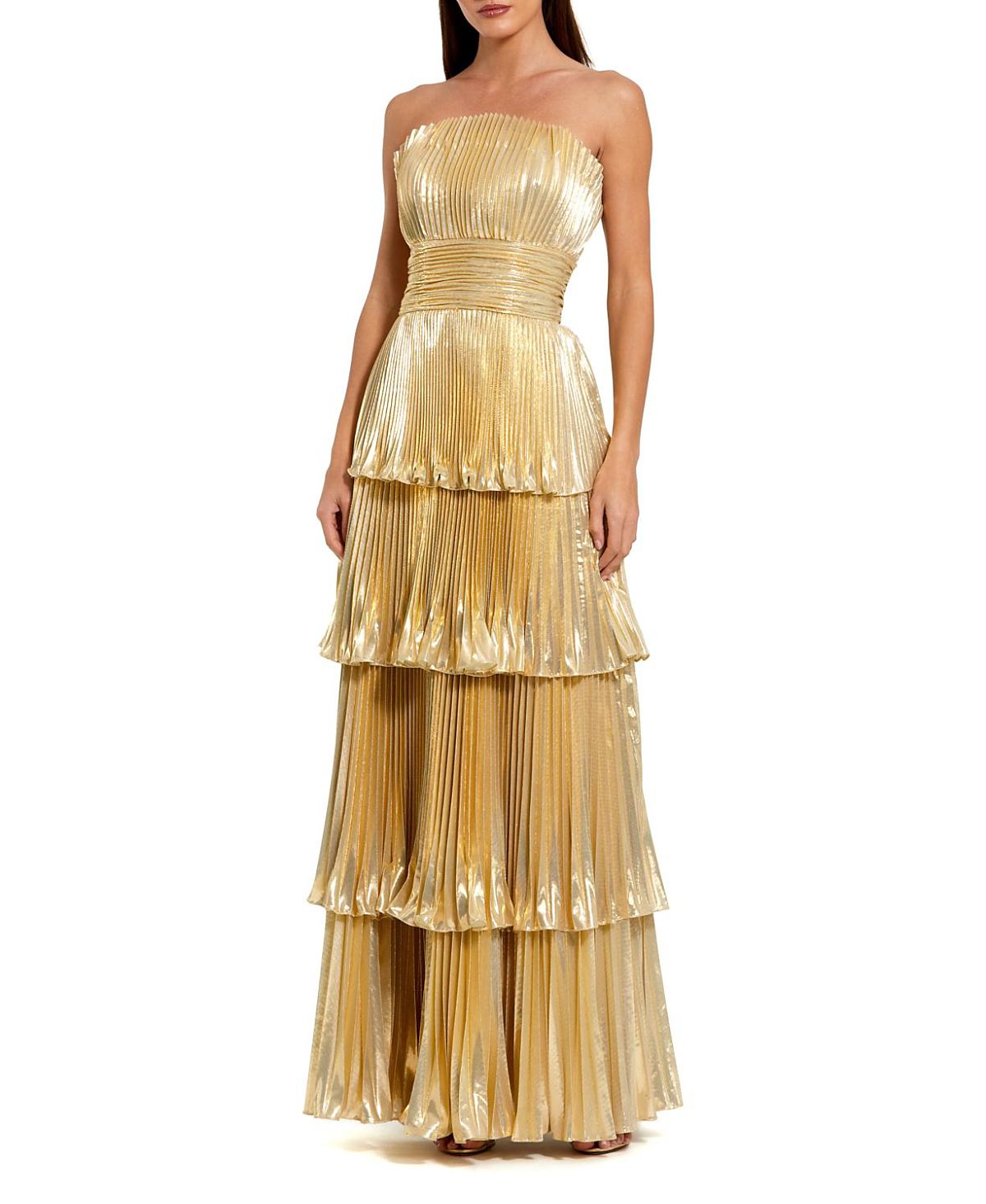 Mac Duggal Petite Strapless Pleated Metallic Layered High Low Gown