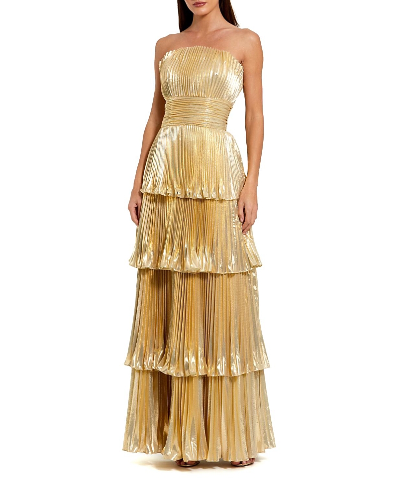 Mac Duggal Petite Strapless Pleated Metallic Layered High Low Gown