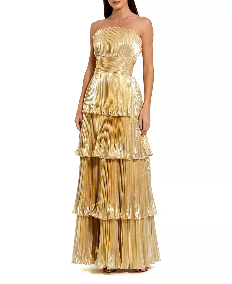 Mac Duggal Petite Strapless Pleated Metallic Layered High Low Gown