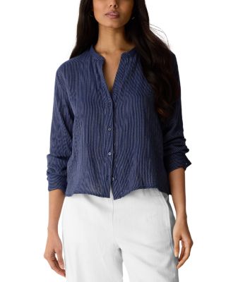 Striped Cotton Gauze Mandarin Collar Shirt