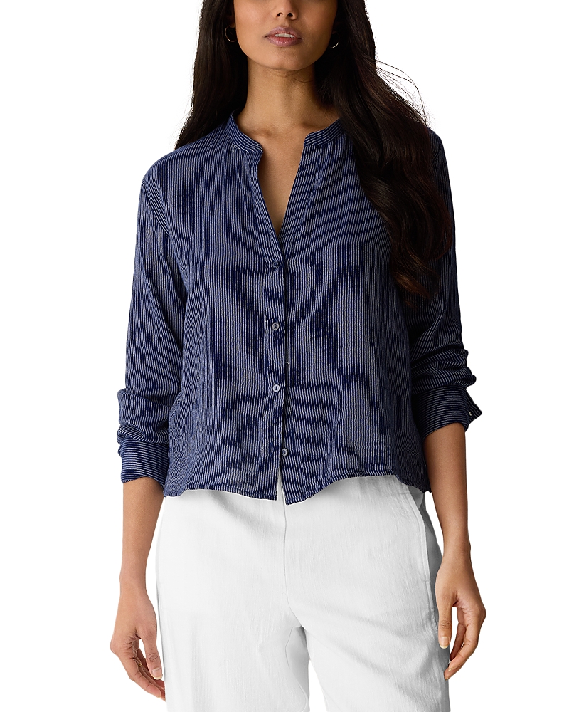 Eileen Fisher Striped Cotton Gauze Mandarin Collar Shirt